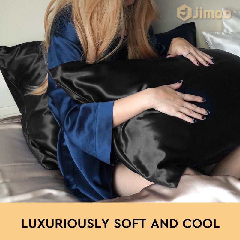 J JIMOO 100% Mulberry Silk Pillowcase for Hair and Skin, 22 Momme Pure Natural Silk Pillow Case Both Sided with Zipper, Pillow Cover for Women Mom Men (Black, Queen 20''Ã—30'', 1 Pack) - Image 2